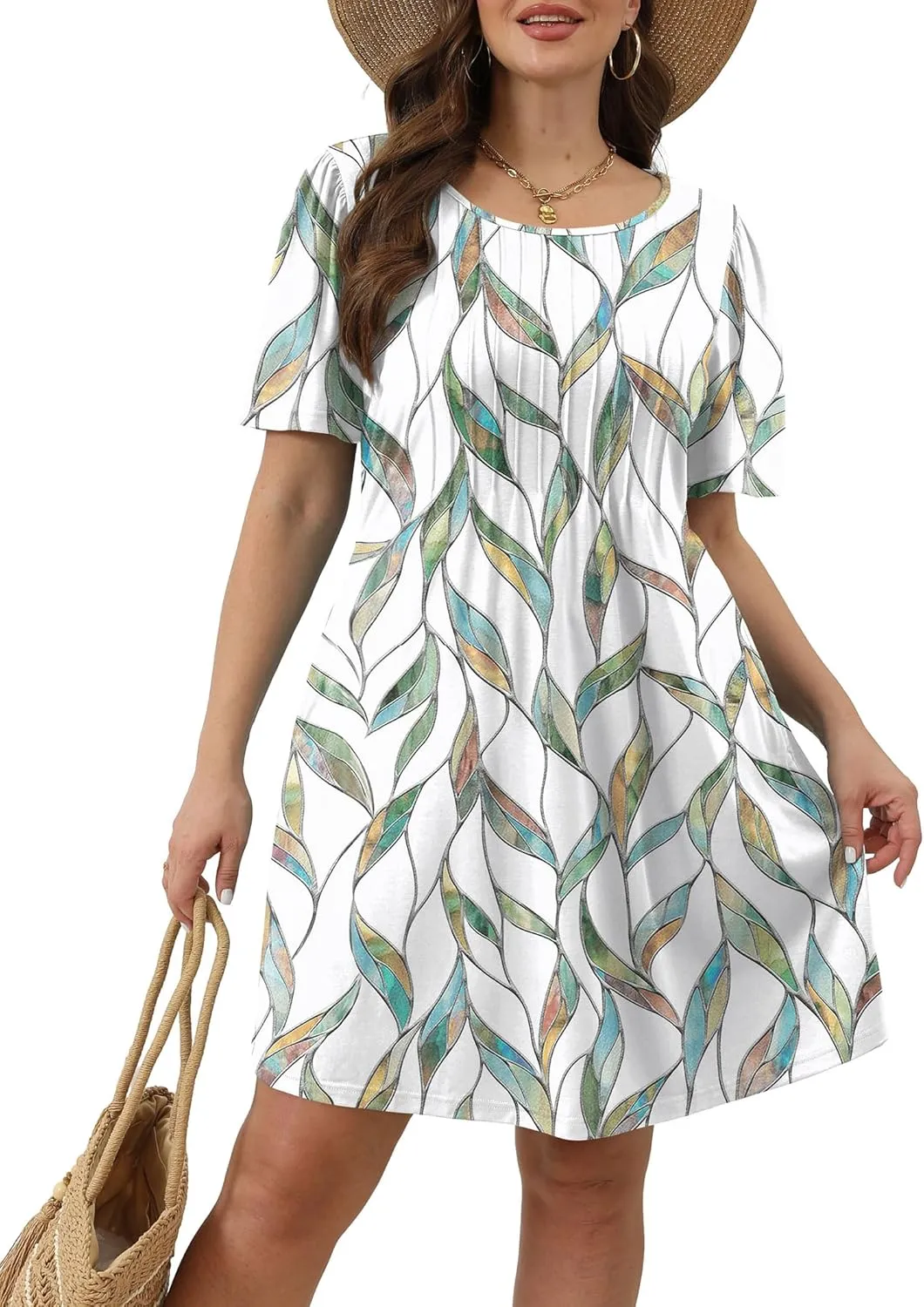 SAMPEEL Womens Pleated Front Summer Dresses Casual Short Sleeve T Shirts Dress with Pockets Vacation Beach Cover Up