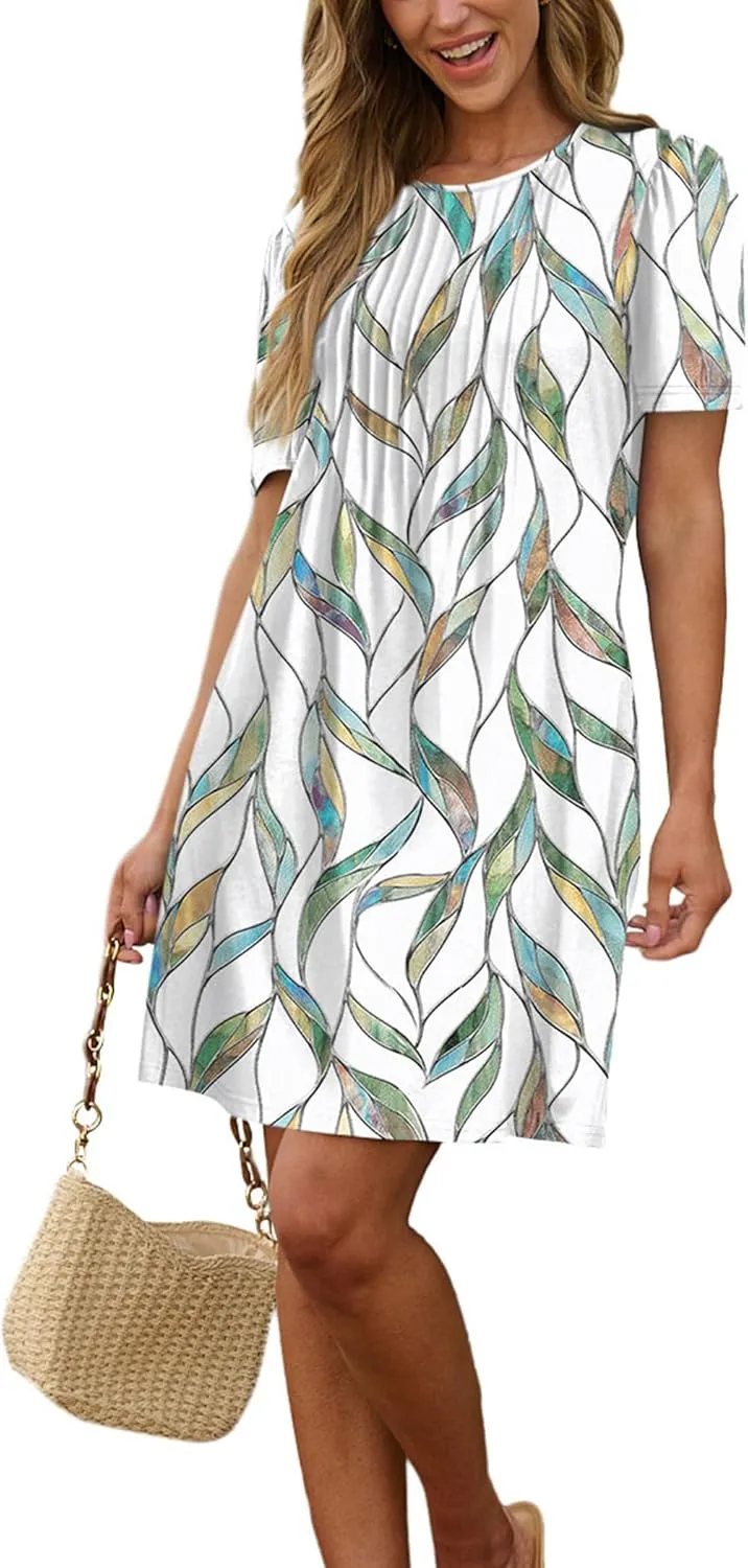 SAMPEEL Womens Pleated Front Summer Dresses Casual Short Sleeve T Shirts Dress with Pockets Vacation Beach Cover Up