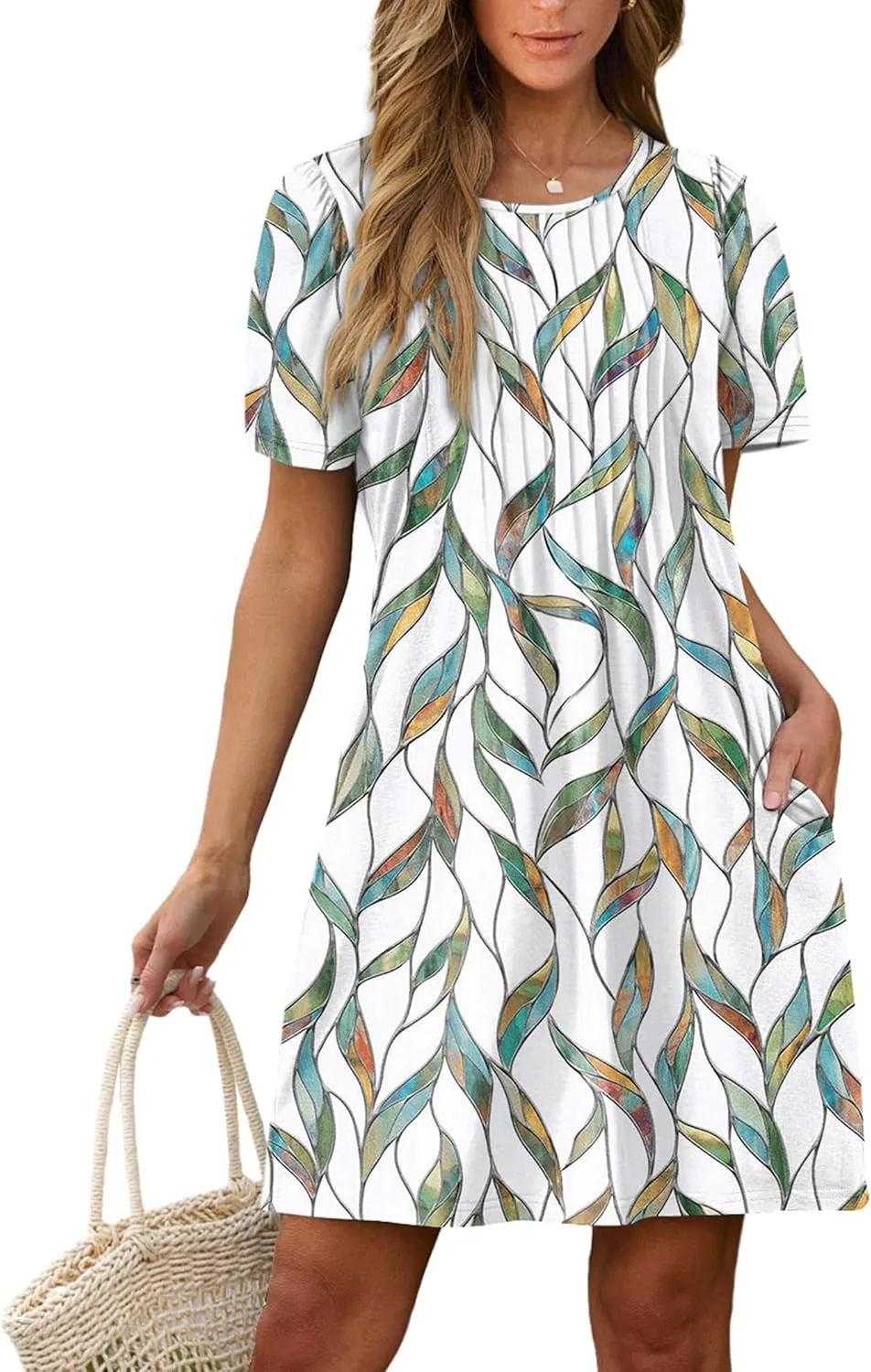 SAMPEEL Womens Pleated Front Summer Dresses Casual Short Sleeve T Shirts Dress with Pockets Vacation Beach Cover Up
