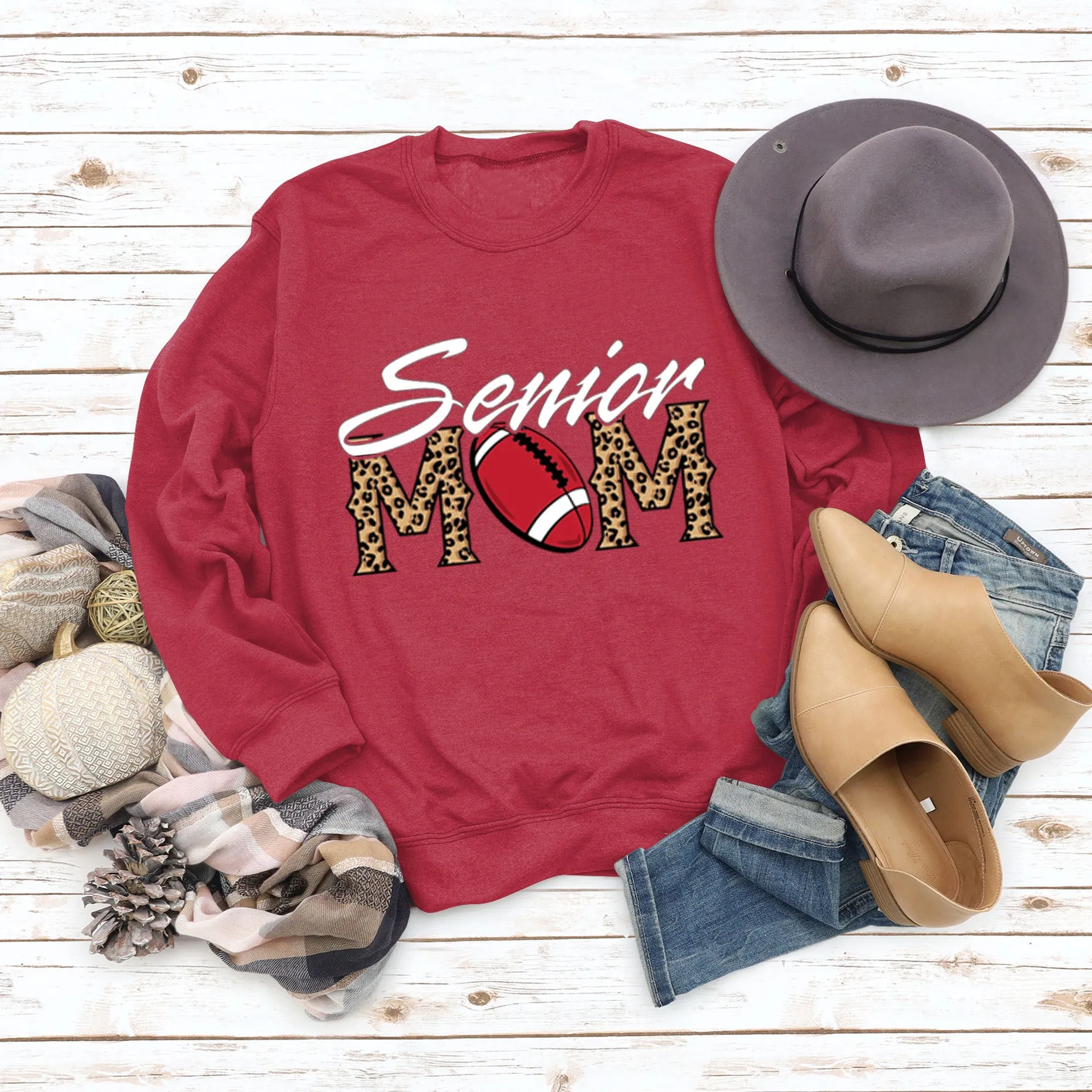 Senior Mom Leopard Print Football Print Long Sleeve Oversize Sweater