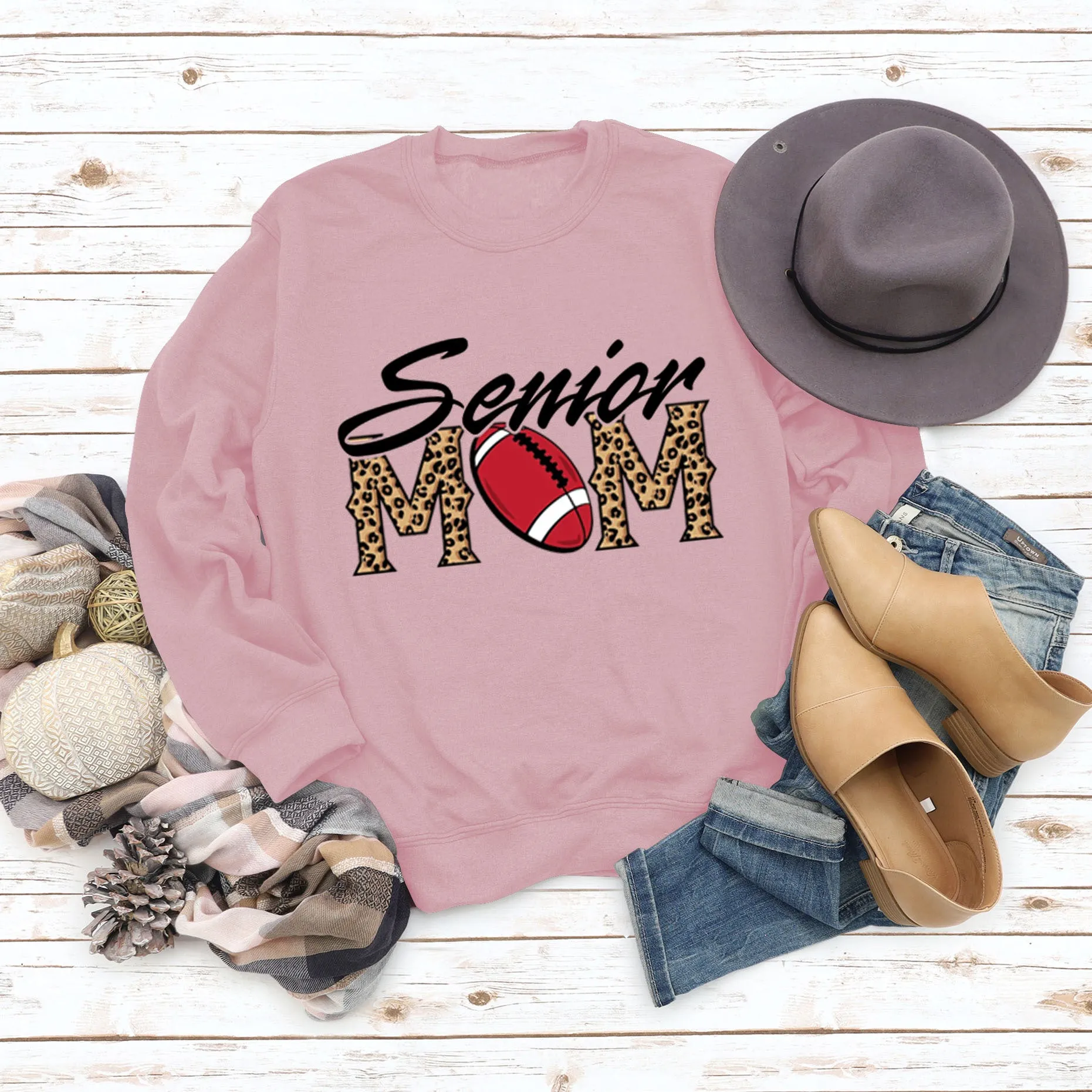 Senior Mom Leopard Print Football Print Long Sleeve Oversize Sweater