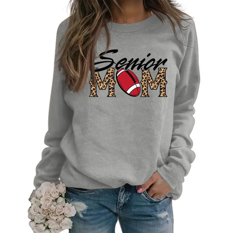 Senior Mom Leopard Print Football Print Long Sleeve Oversize Sweater