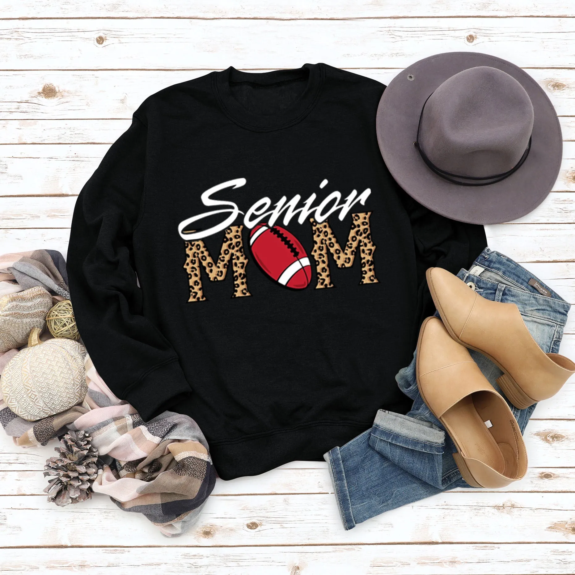 Senior Mom Leopard Print Football Print Long Sleeve Oversize Sweater