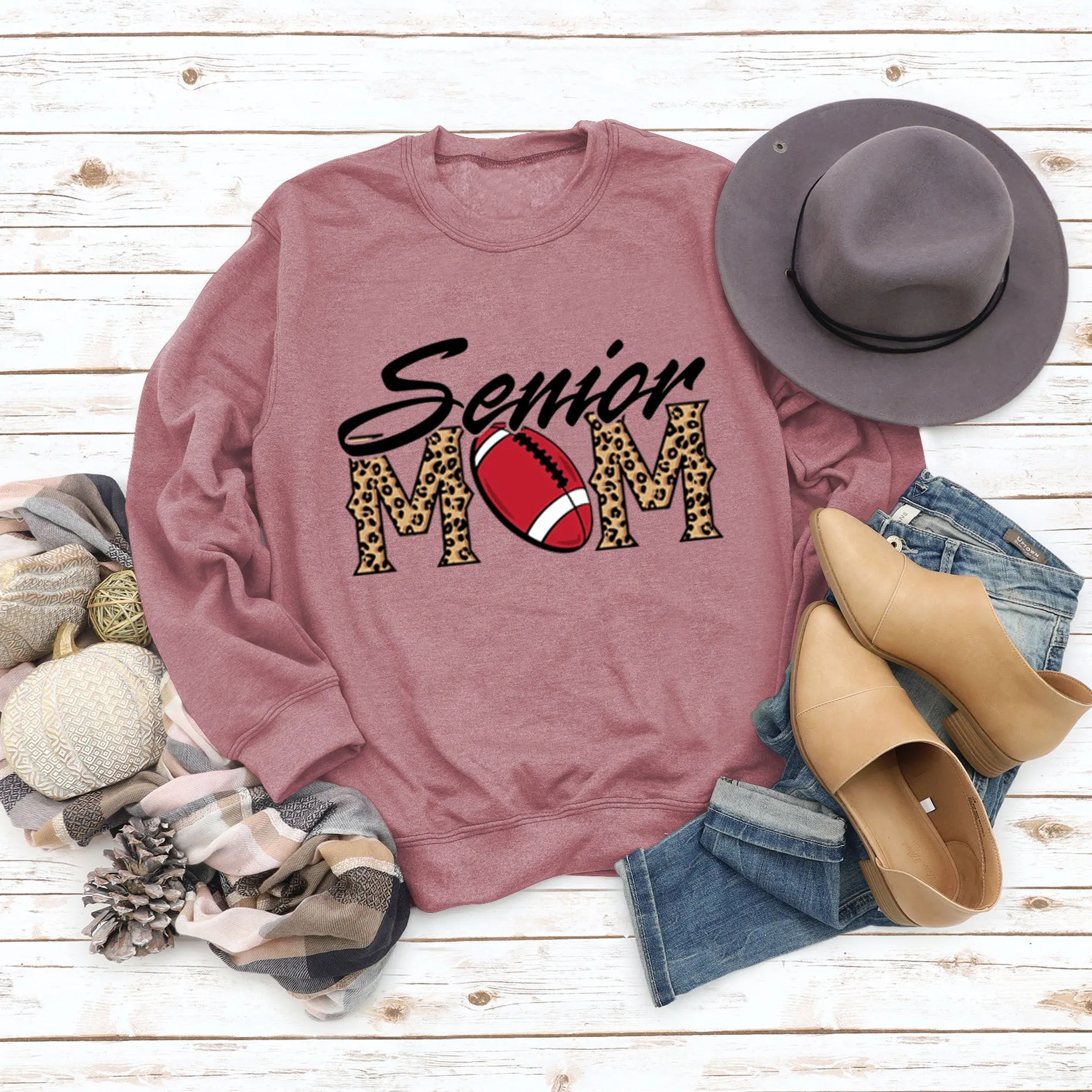 Senior Mom Leopard Print Football Print Long Sleeve Oversize Sweater