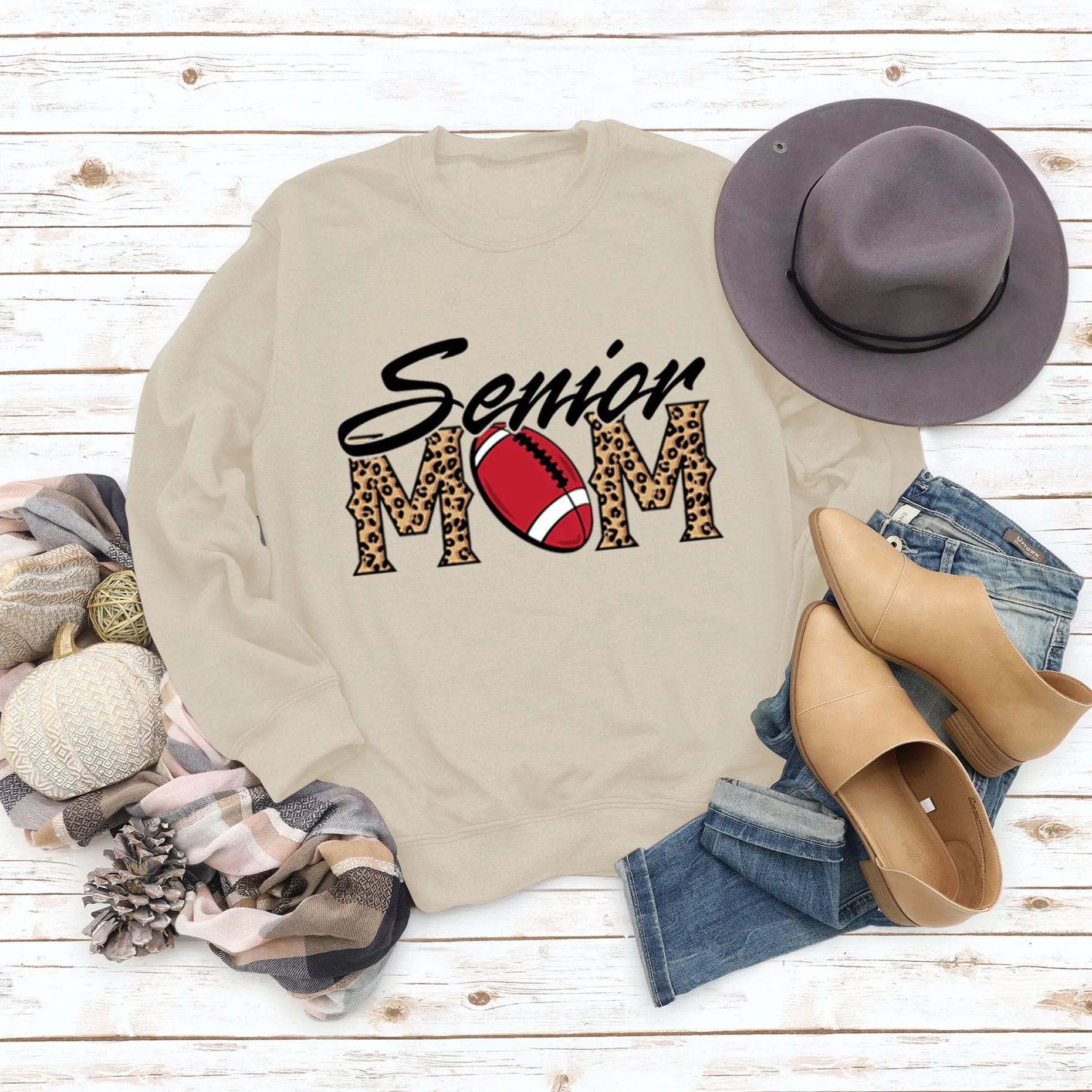 Senior Mom Leopard Print Football Print Long Sleeve Oversize Sweater