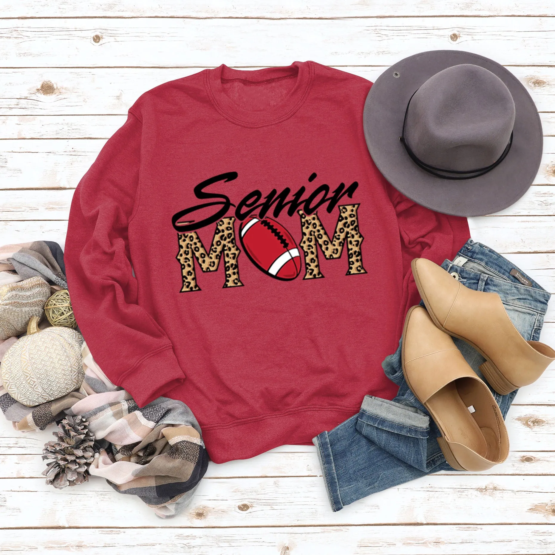 Senior Mom Leopard Print Football Print Long Sleeve Oversize Sweater
