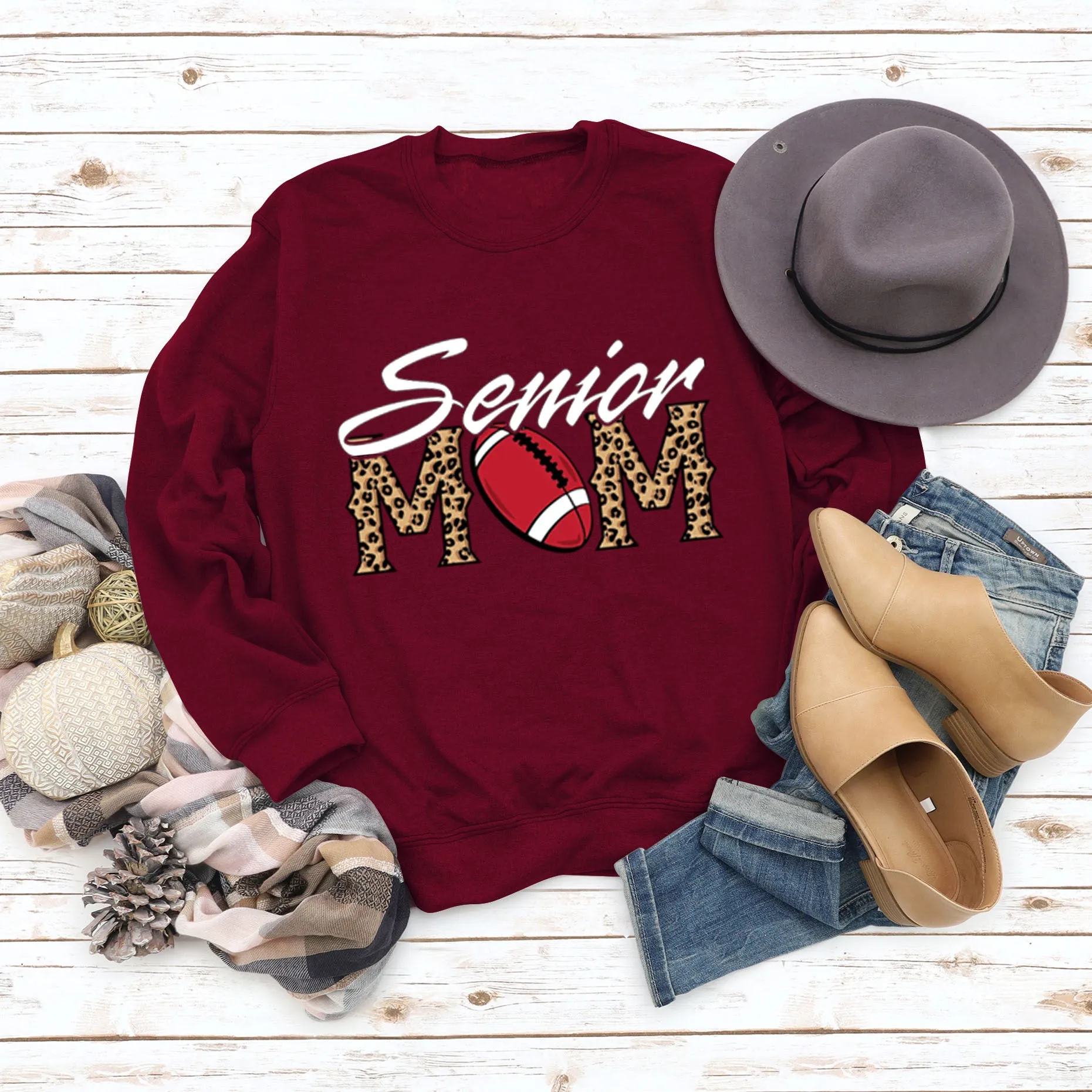Senior Mom Leopard Print Football Print Long Sleeve Oversize Sweater