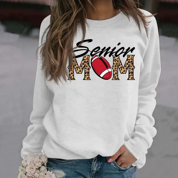 Senior Mom Leopard Print Football Print Long Sleeve Oversize Sweater