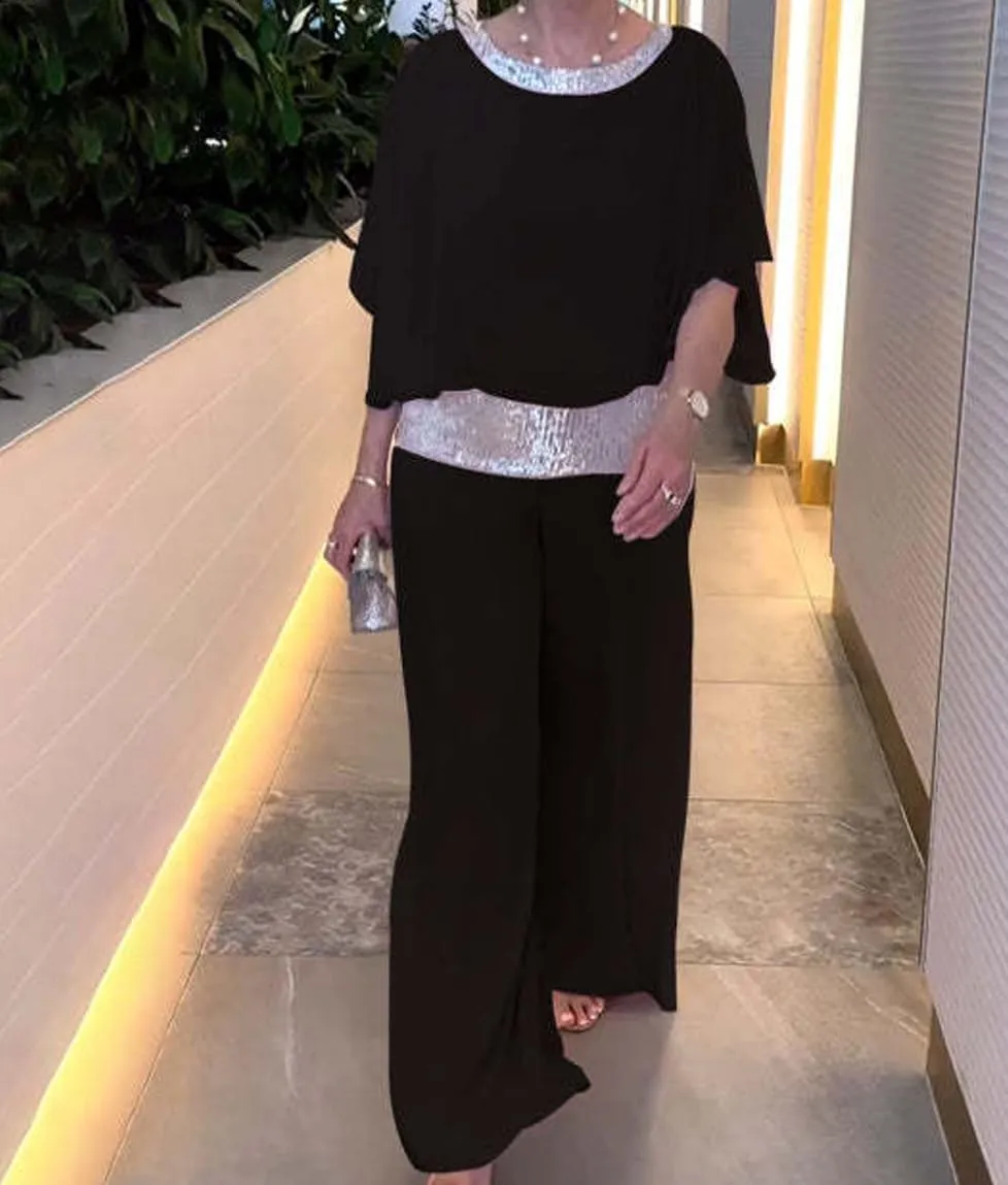 Sequined Colorblock Elegant 2-Piece Set,Womens Suit Set Loose Summer Sequin Crewneck Shirts Wide Leg Pants Suit
