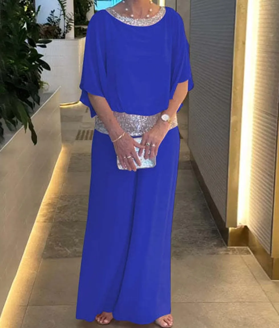 Sequined Colorblock Elegant 2-Piece Set,Womens Suit Set Loose Summer Sequin Crewneck Shirts Wide Leg Pants Suit