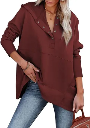 SHEWIN Womens Oversized Sweatshirt Hoodies Casual Button V Neck Hooded Pullover Tops with Pocket