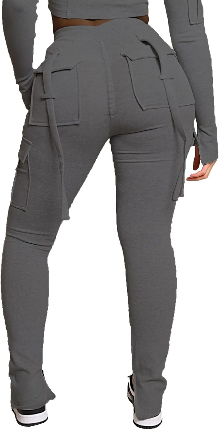 SHINFY Cargo Sweatpants for Women Drawstring High Waisted Casual Stretchy Cargo Pants Joggers Leggings with Pockets