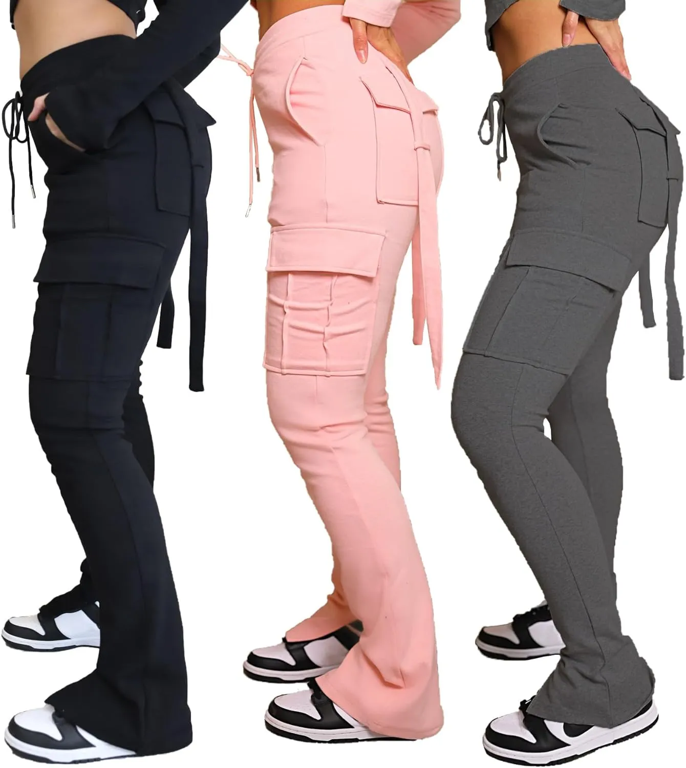 SHINFY Cargo Sweatpants for Women Drawstring High Waisted Casual Stretchy Cargo Pants Joggers Leggings with Pockets