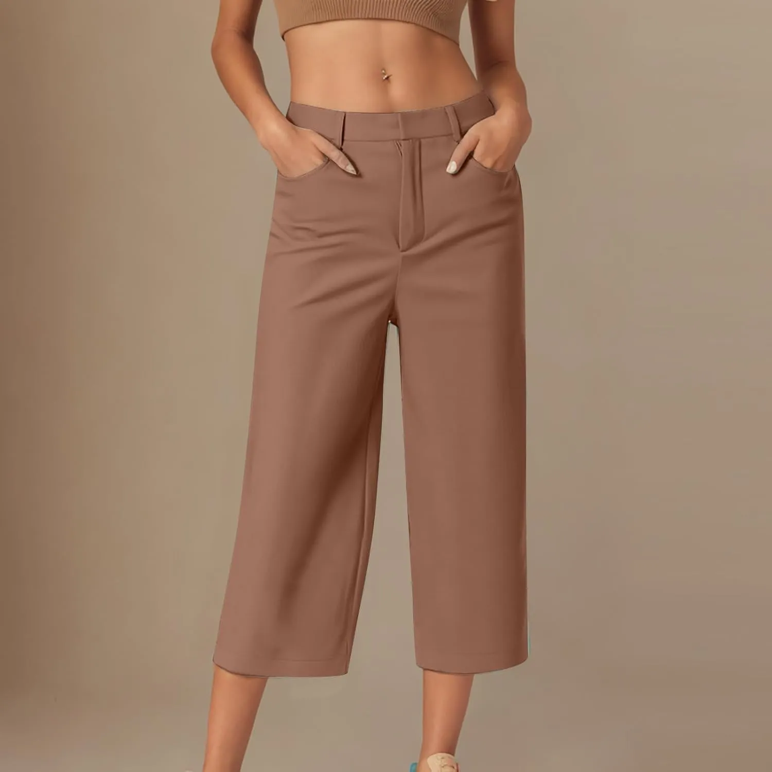 SHOPESSA Womens Capri Pants with Pockets High Waist Wide Leg Cropped Pants Casual Loose Fit Trousers Solid Summer Capris