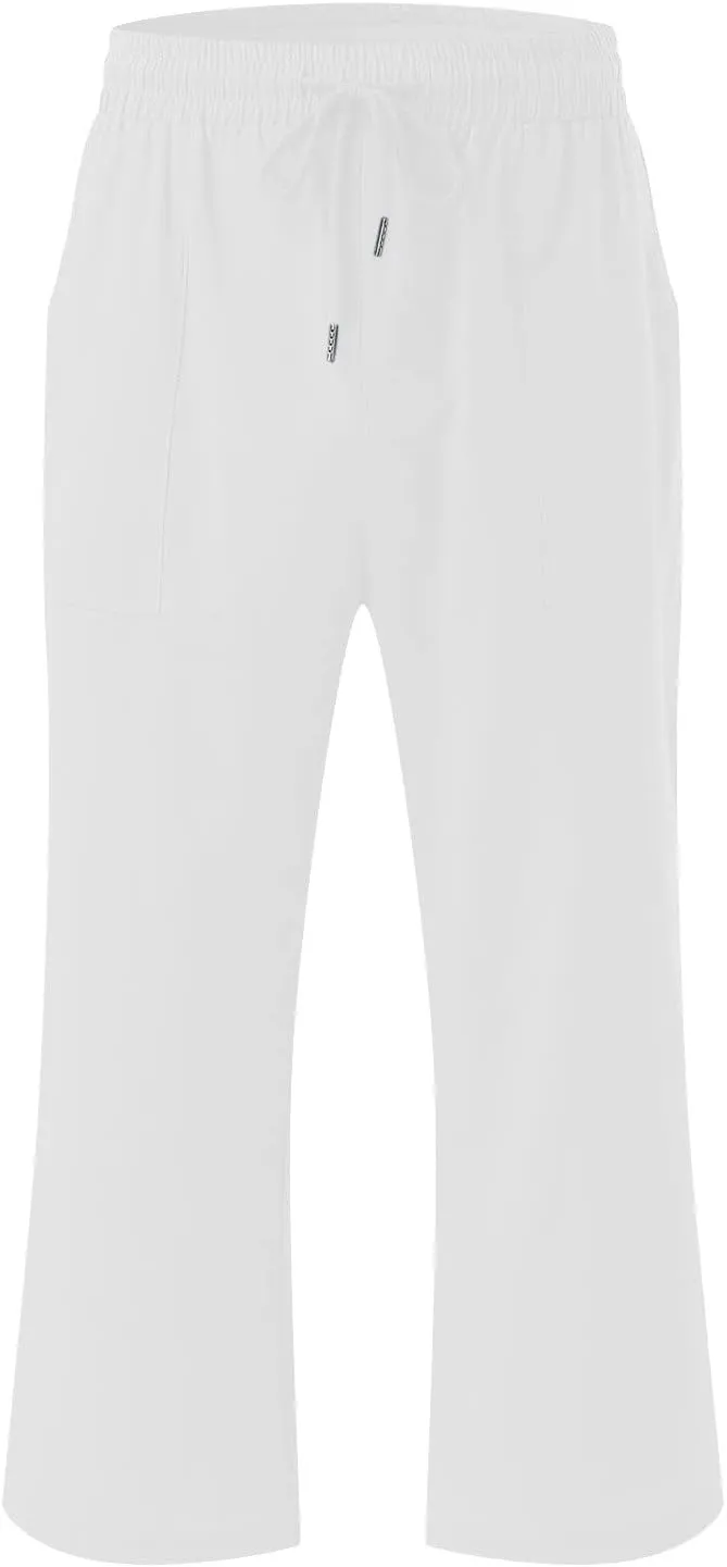 SMIDOW Women's Cotton Linen Capris Cropped Casual Pants Straight Leg Drawstring Elastic High Waist Loose Trousers with Pocket