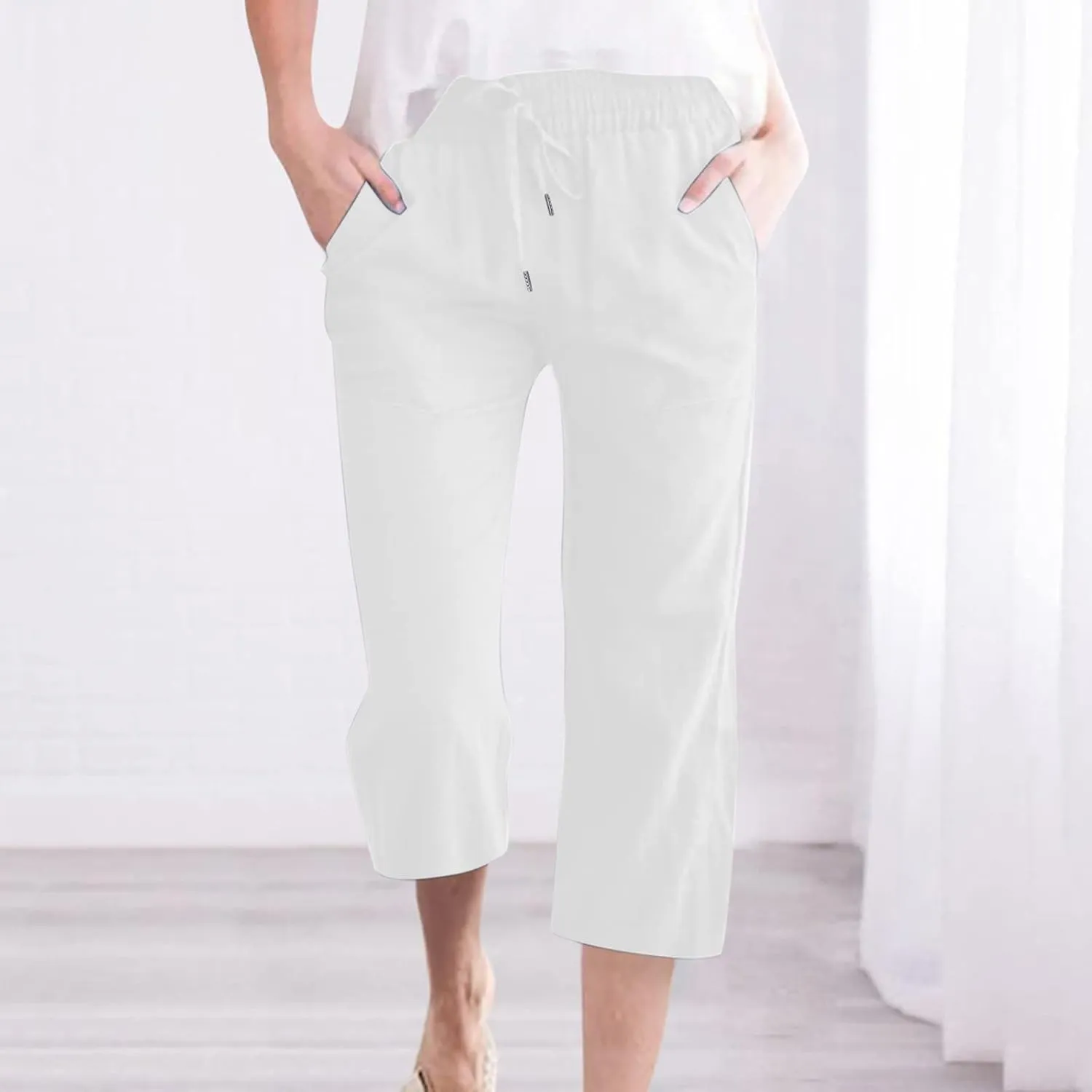 SMIDOW Women's Cotton Linen Capris Cropped Casual Pants Straight Leg Drawstring Elastic High Waist Loose Trousers with Pocket