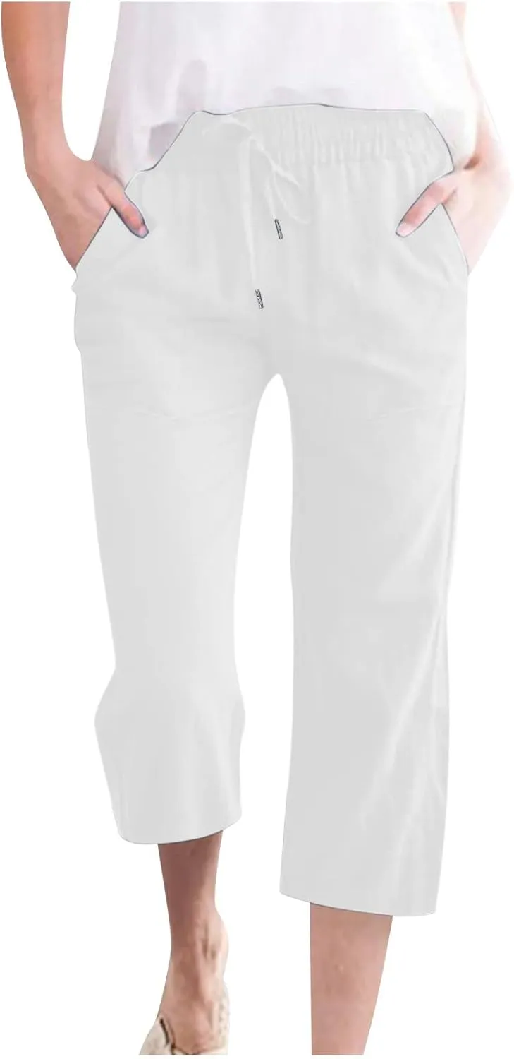 SMIDOW Women's Cotton Linen Capris Cropped Casual Pants Straight Leg Drawstring Elastic High Waist Loose Trousers with Pocket