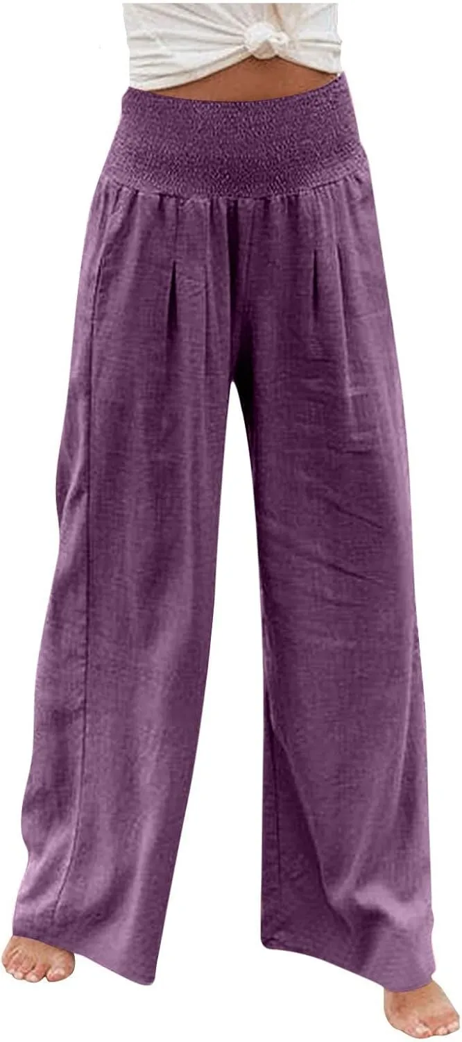SMIDOW Women's Wide Leg Pants Elastic High Waisted Cotton Linen Long Lounge Pants Business Casual Work Trousers