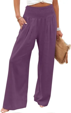 SMIDOW Women's Wide Leg Pants Elastic High Waisted Cotton Linen Long Lounge Pants Business Casual Work Trousers