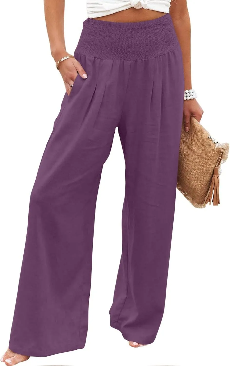 SMIDOW Women's Wide Leg Pants Elastic High Waisted Cotton Linen Long Lounge Pants Business Casual Work Trousers