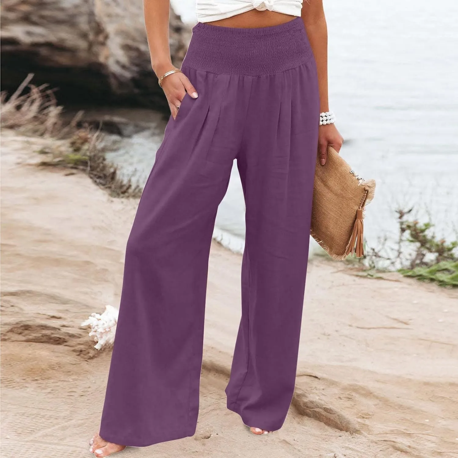 SMIDOW Women's Wide Leg Pants Elastic High Waisted Cotton Linen Long Lounge Pants Business Casual Work Trousers