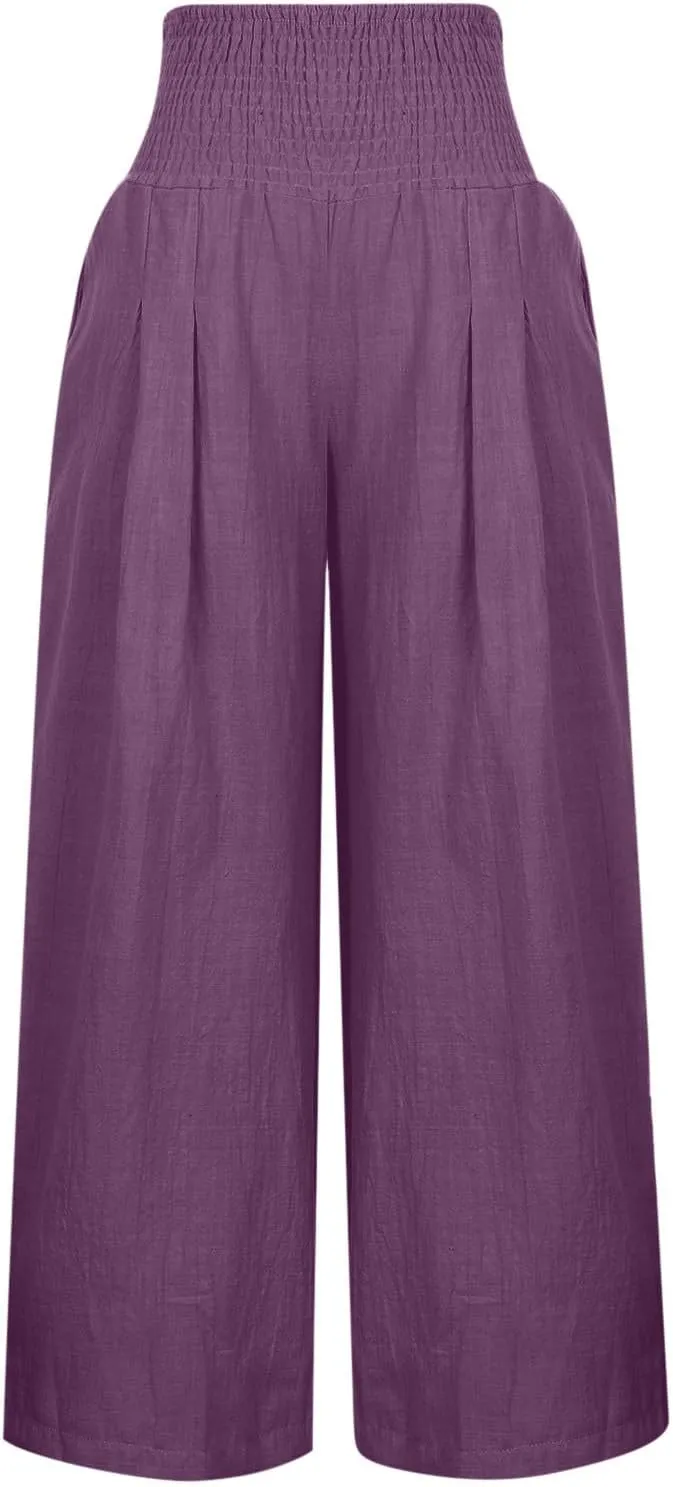 SMIDOW Women's Wide Leg Pants Elastic High Waisted Cotton Linen Long Lounge Pants Business Casual Work Trousers