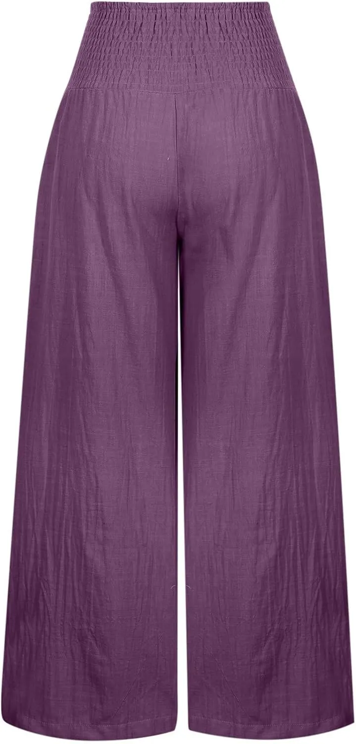 SMIDOW Women's Wide Leg Pants Elastic High Waisted Cotton Linen Long Lounge Pants Business Casual Work Trousers