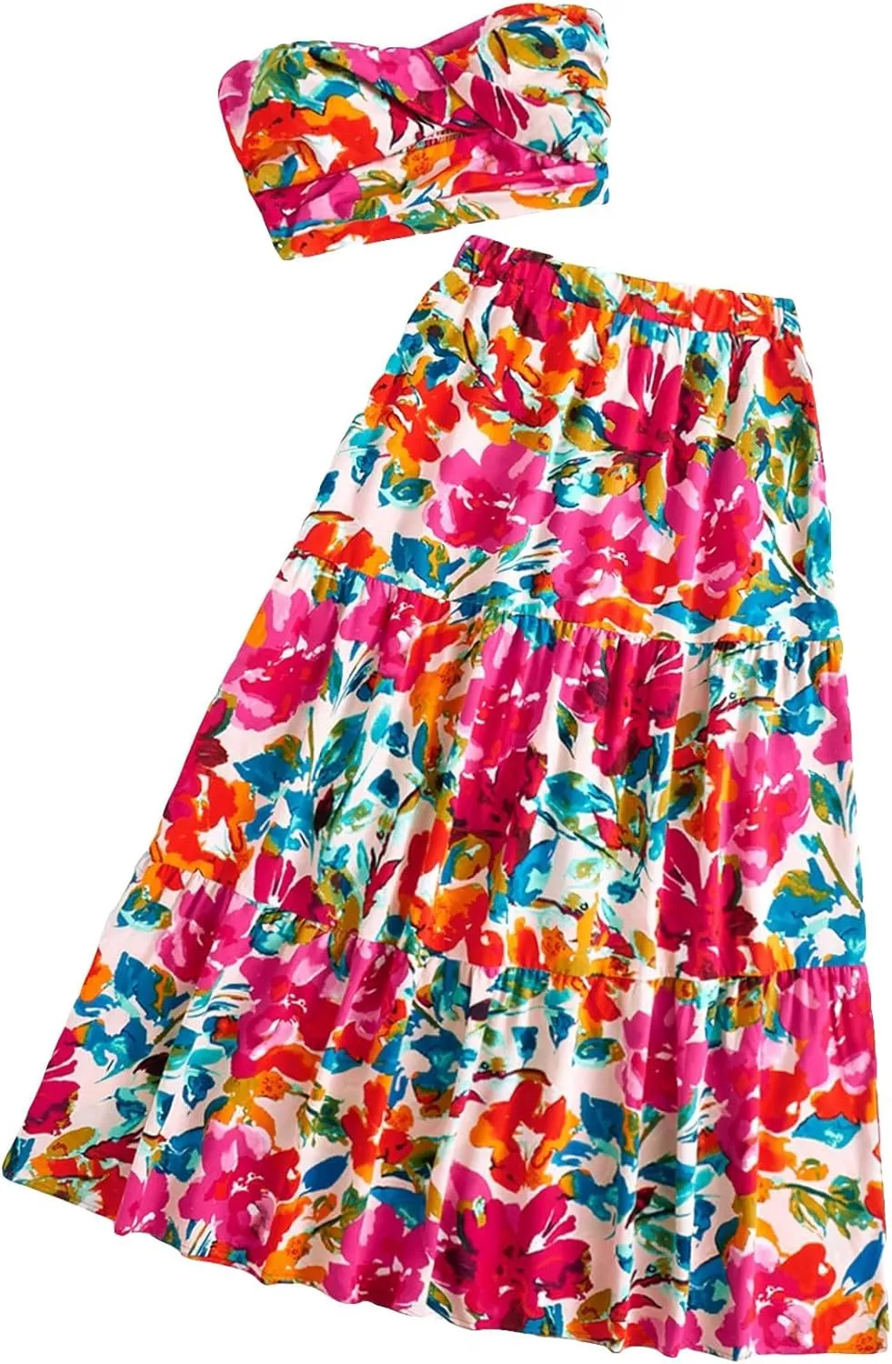 SOLY HUX Women's Boho 2 Piece Outfits Floral Print Colorful Tube Top and Ruffle Hem Maxi Skirt Set