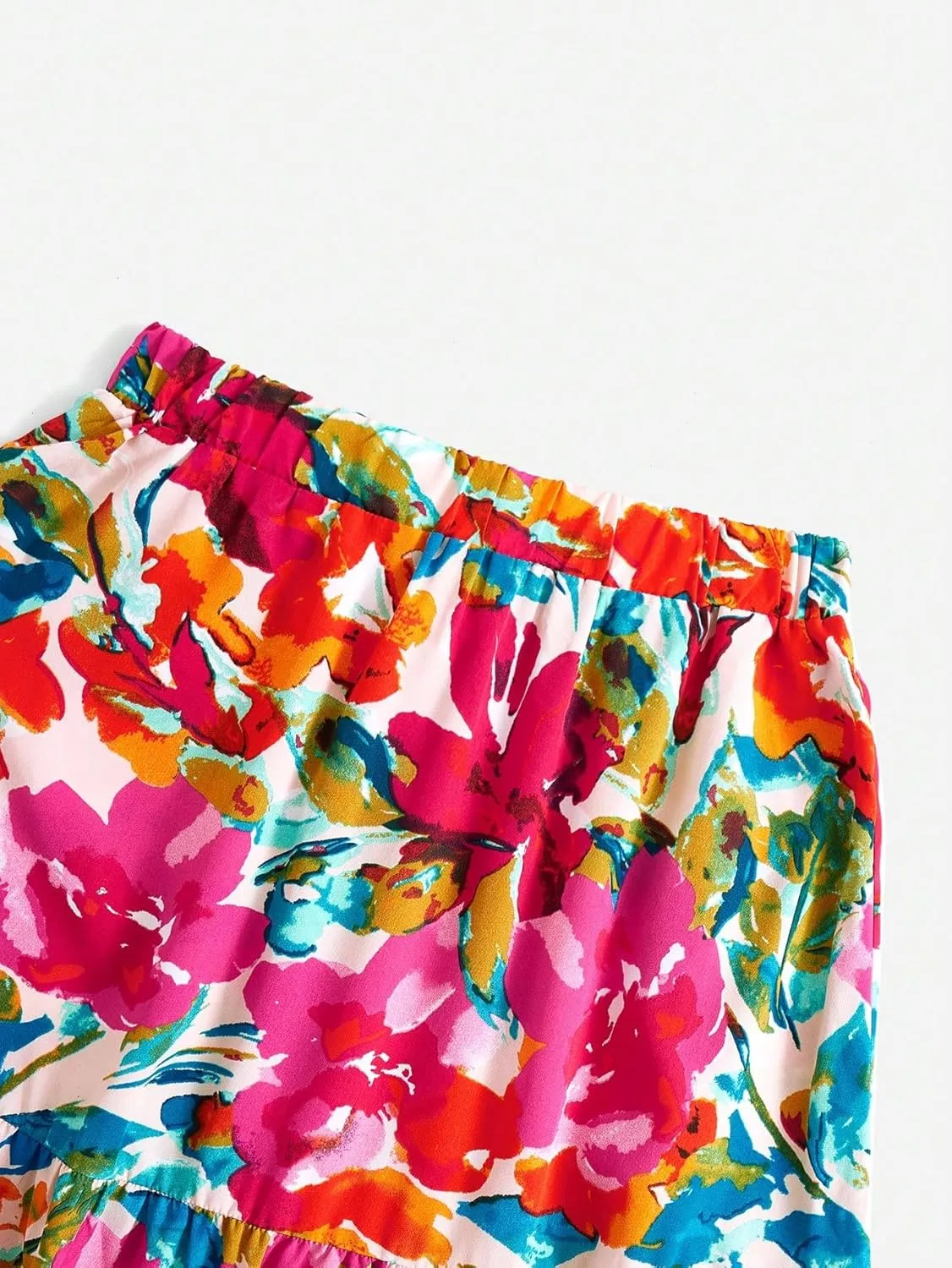 SOLY HUX Women's Boho 2 Piece Outfits Floral Print Colorful Tube Top and Ruffle Hem Maxi Skirt Set