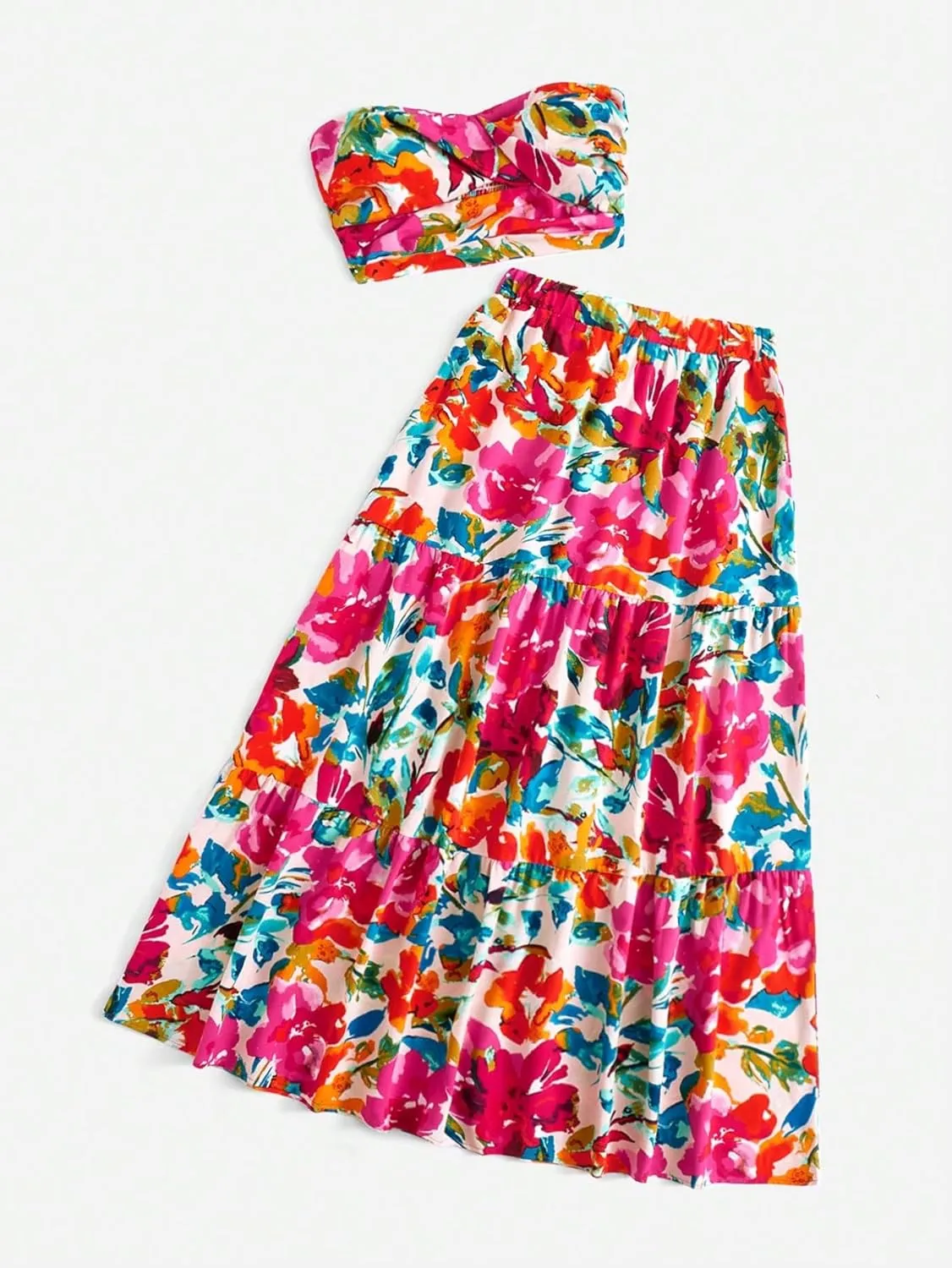SOLY HUX Women's Boho 2 Piece Outfits Floral Print Colorful Tube Top and Ruffle Hem Maxi Skirt Set