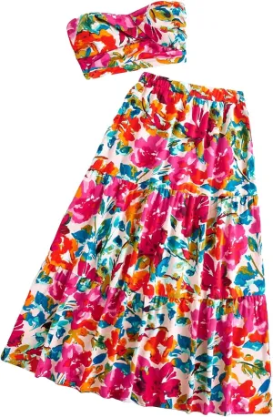 SOLY HUX Women's Boho 2 Piece Outfits Floral Print Colorful Tube Top and Ruffle Hem Maxi Skirt Set