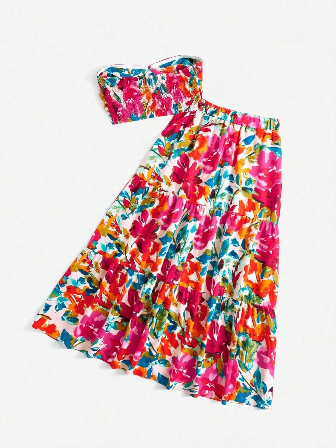SOLY HUX Women's Boho 2 Piece Outfits Floral Print Colorful Tube Top and Ruffle Hem Maxi Skirt Set