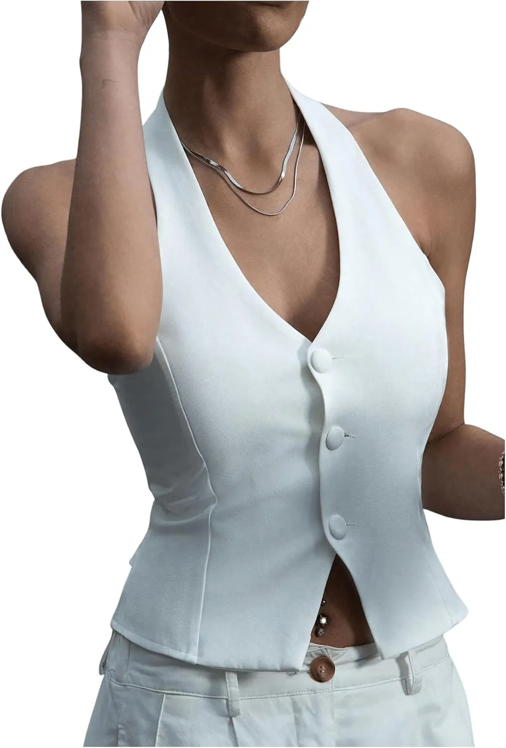 SOLY HUX Women's Button Down Suit Vest Halter V Neck Backless Waistcoat Sleeveless Tank Tops