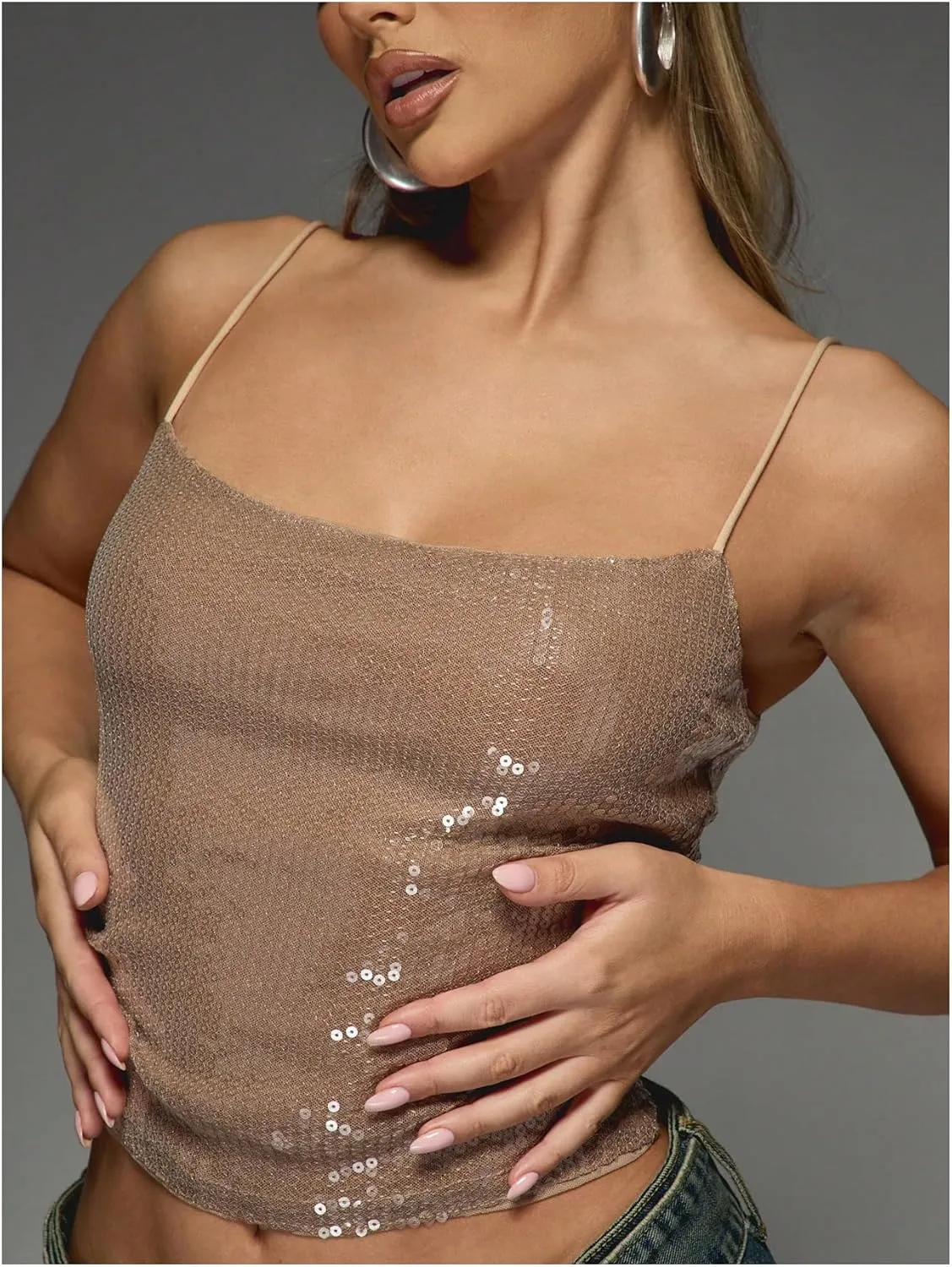 SOLY HUX Women's Glitter Sequin Cami Tops Spaghetti Strap Camisole Sleeveless Party Clubwear Top