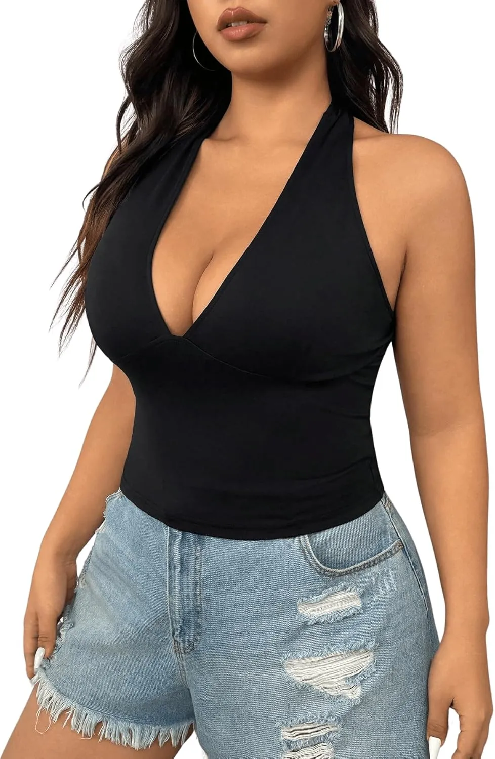 SOLY HUX Women's Plus Size Sexy Halter Deep V Neck Tank Top Backless Sleeveless Slim Fitted Going Out Crop Tops