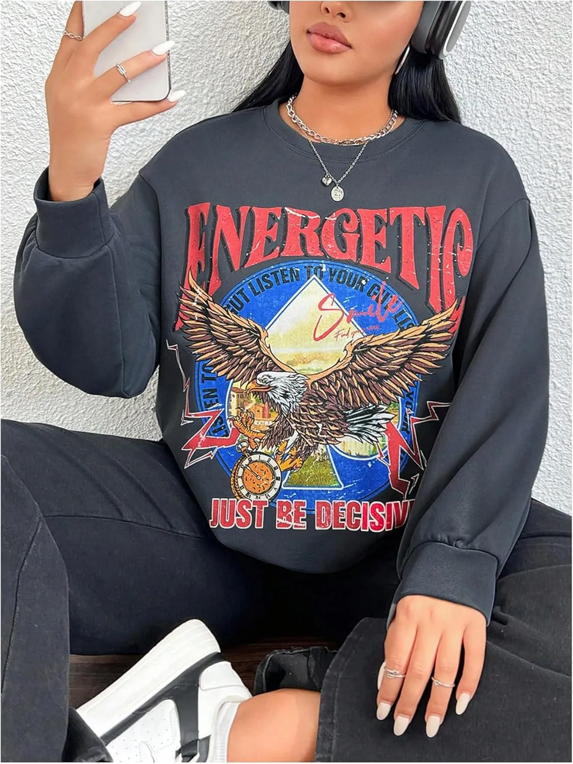 SOLY HUX Women's Plus Size Sweatshirt Letter Graphic Drop Shoulder Long Sleeve Pullover Tops