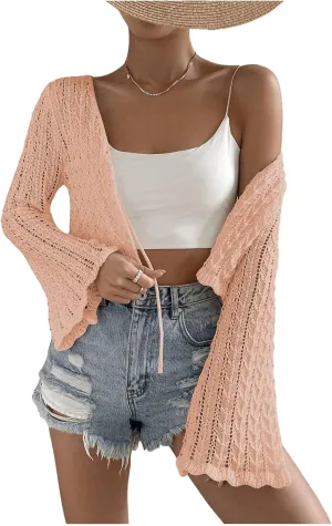 SOLY HUX Women's Tie Front Tops Bell Long Sleeve Knit Crochet Cardigan Crop Top