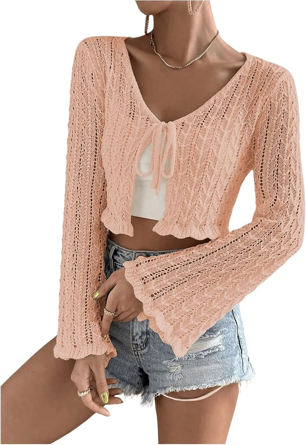 SOLY HUX Women's Tie Front Tops Bell Long Sleeve Knit Crochet Cardigan Crop Top