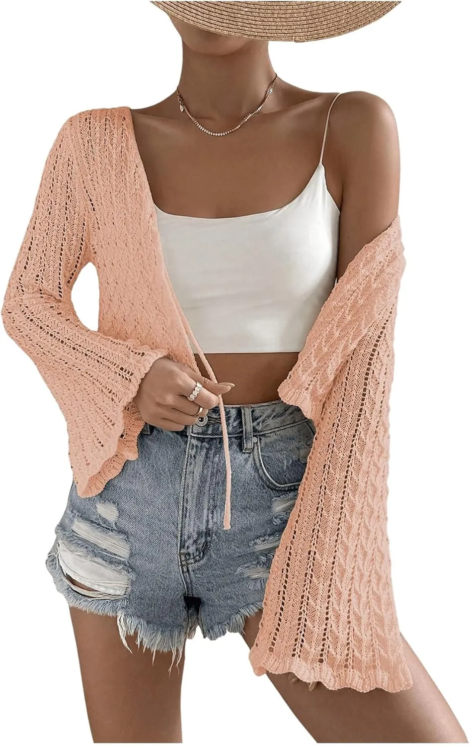 SOLY HUX Women's Tie Front Tops Bell Long Sleeve Knit Crochet Cardigan Crop Top