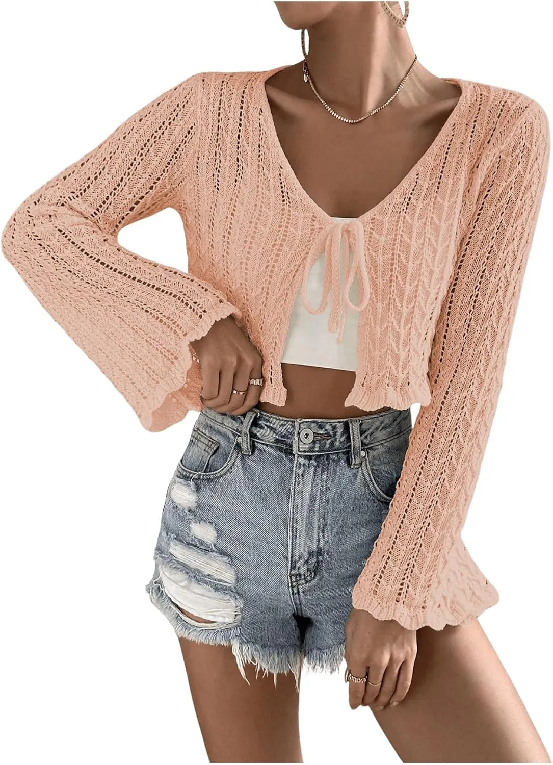 SOLY HUX Women's Tie Front Tops Bell Long Sleeve Knit Crochet Cardigan Crop Top