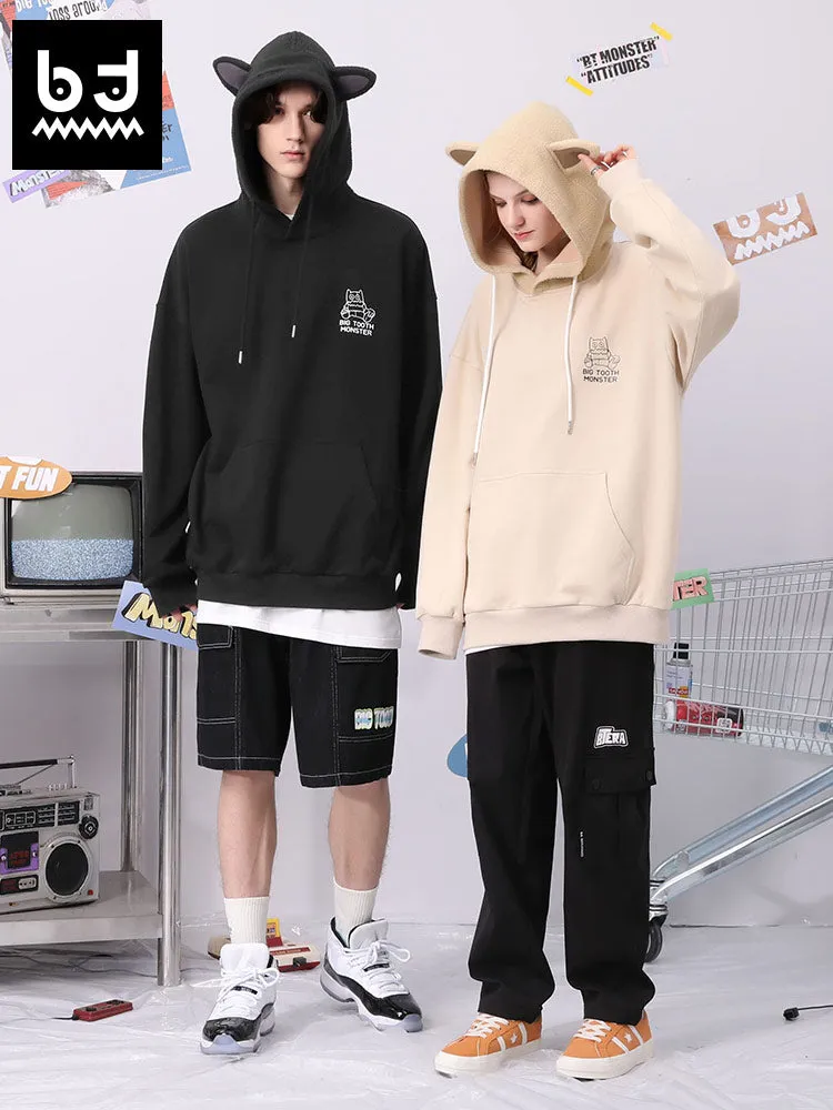 Spliced cartoon printed fun ears hoodie drop shoulder cotton hoodie