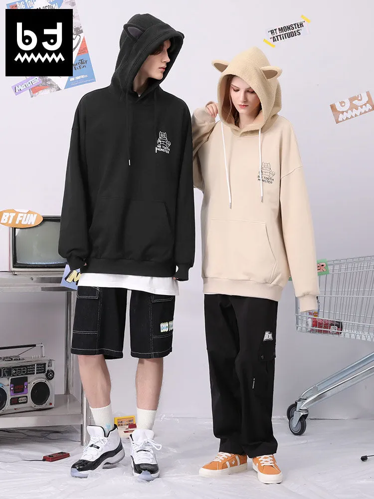 Spliced cartoon printed fun ears hoodie drop shoulder cotton hoodie