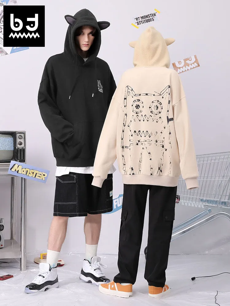 Spliced cartoon printed fun ears hoodie drop shoulder cotton hoodie