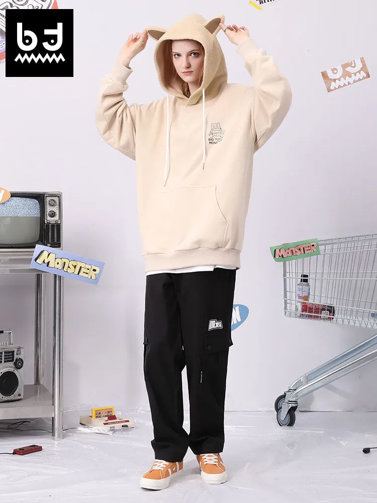 Spliced cartoon printed fun ears hoodie drop shoulder cotton hoodie