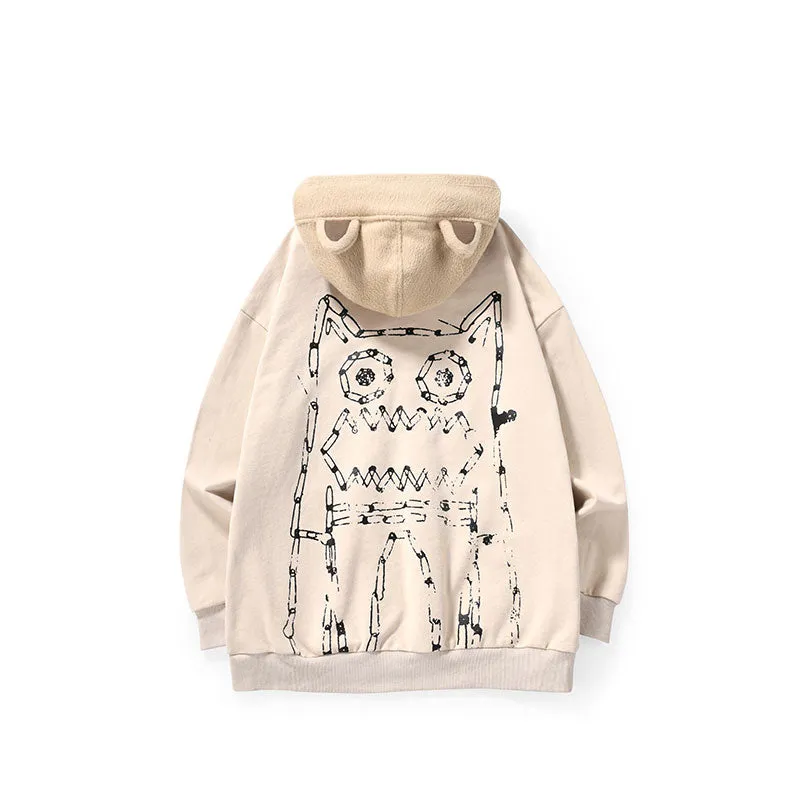 Spliced cartoon printed fun ears hoodie drop shoulder cotton hoodie