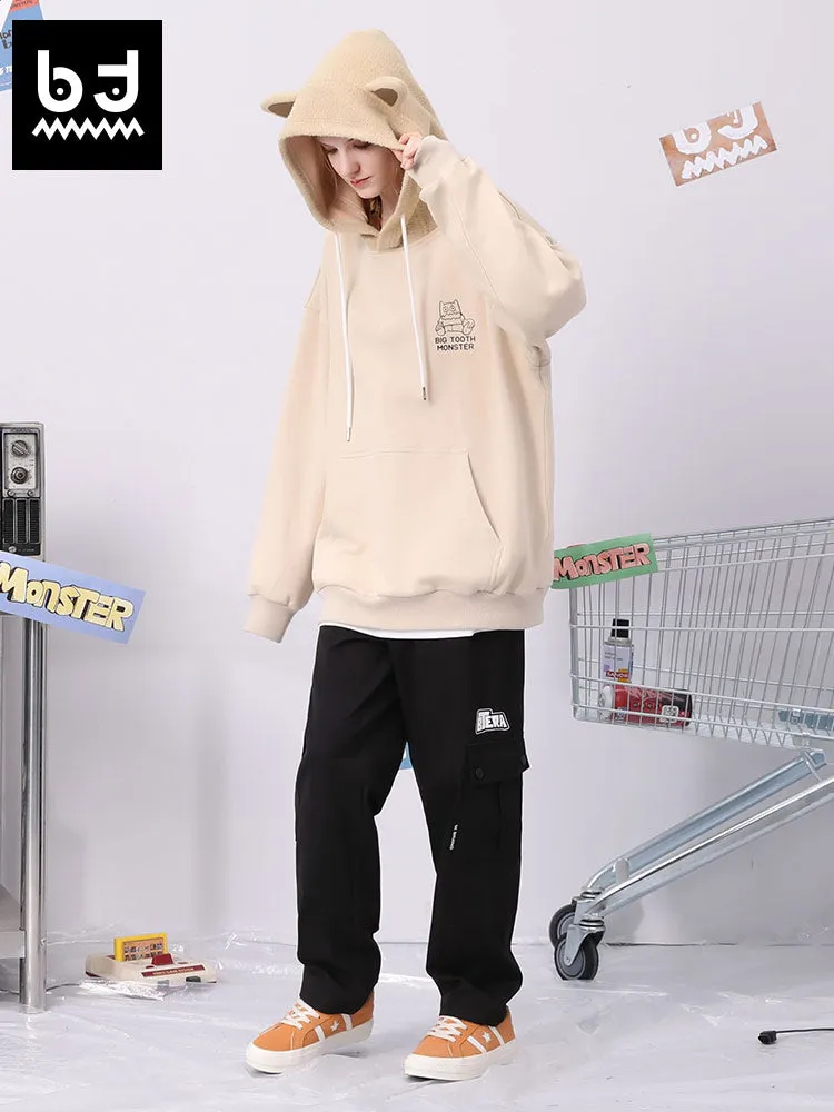 Spliced cartoon printed fun ears hoodie drop shoulder cotton hoodie