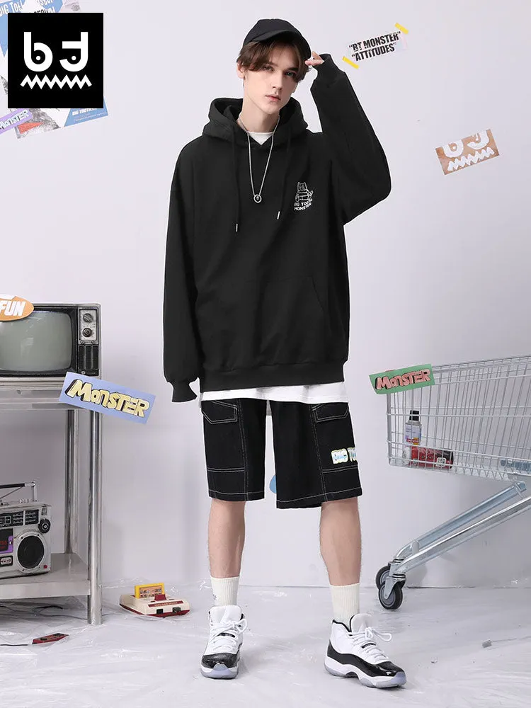 Spliced cartoon printed fun ears hoodie drop shoulder cotton hoodie