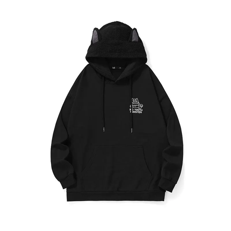 Spliced cartoon printed fun ears hoodie drop shoulder cotton hoodie