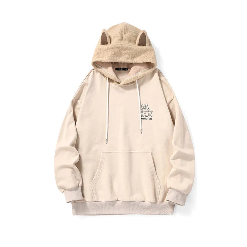 Spliced cartoon printed fun ears hoodie drop shoulder cotton hoodie