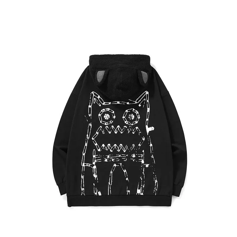 Spliced cartoon printed fun ears hoodie drop shoulder cotton hoodie